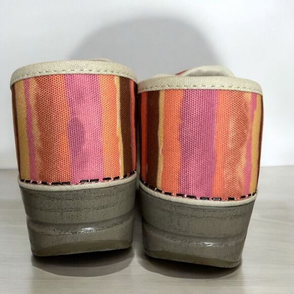 Dansko Clogs Womens 10 Canvas Pink Orange Brown Tan Striped Sunset Slip On EU-40 - Picture 5 of 12